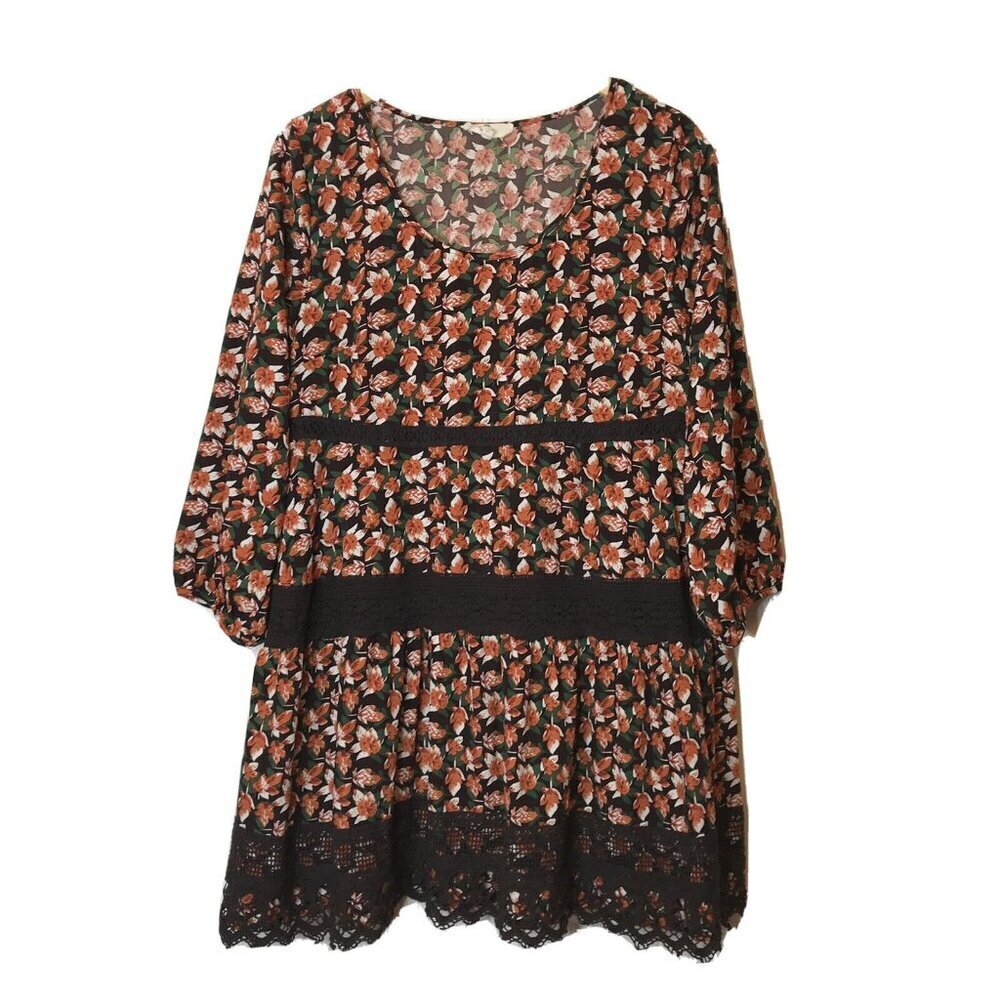 Entro Womens Boho Tunic Top Size L Brown Floral Crochet Lace‎ Lined 3/4 Sleeve